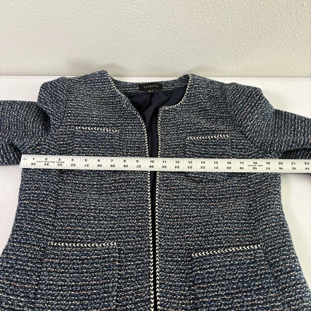 Talbots Tweed Blazer Women 10 Blue Fringed Open Front Cotton Blend Preppy Jacket
